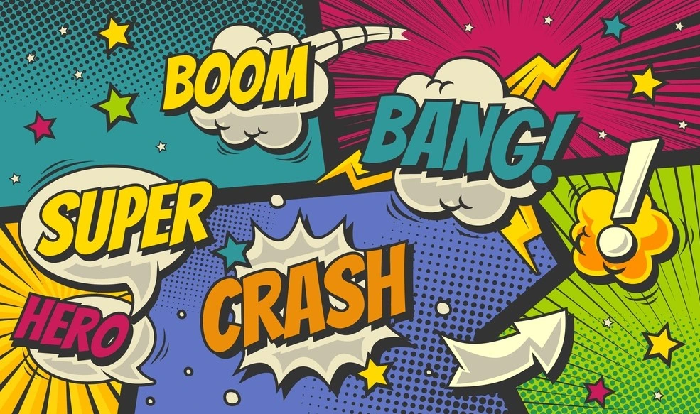Comic book style boom bang crash text art